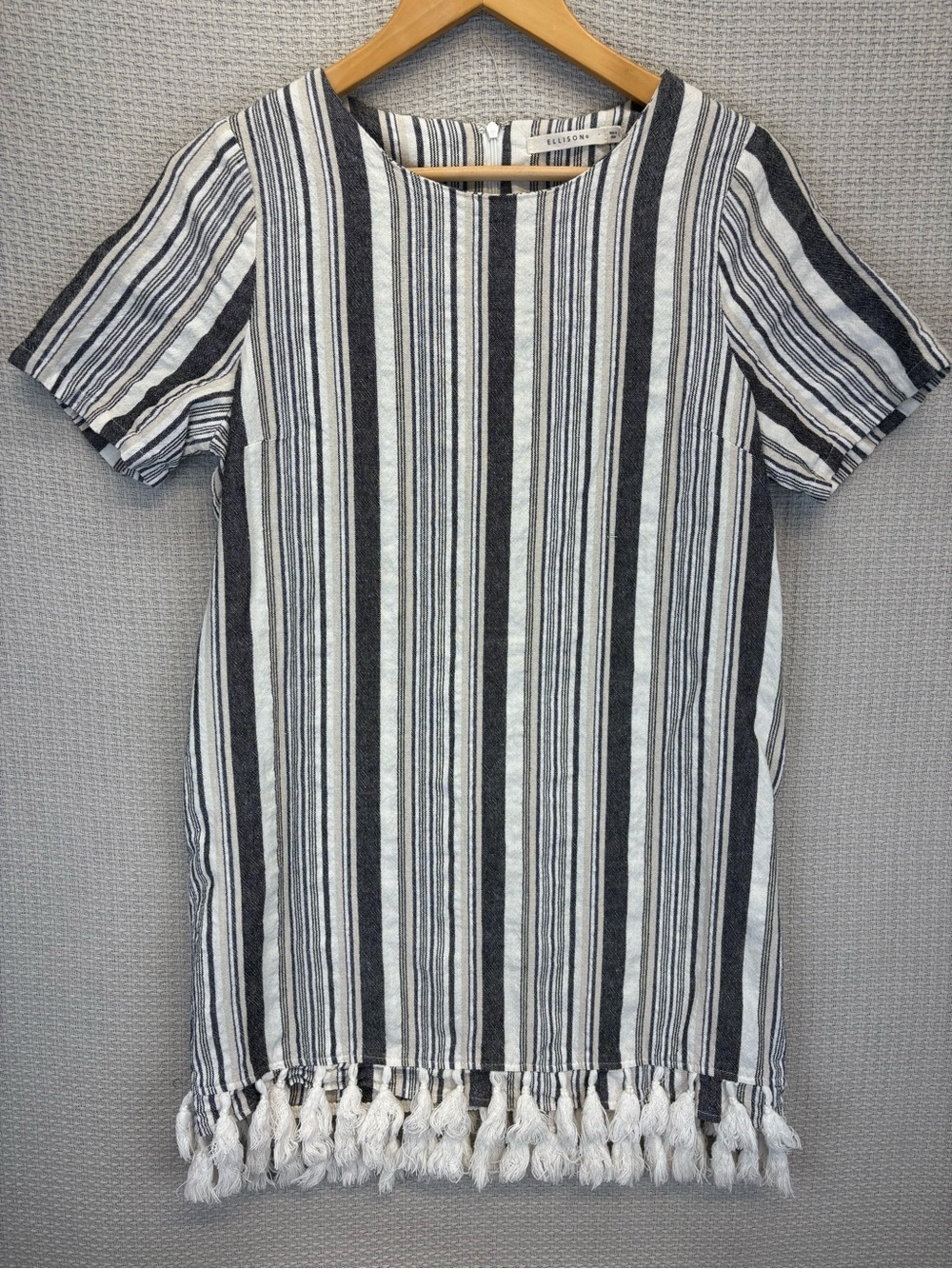 Ellison Linen Blend Gray White Striped Mini Dress Sz Large Boho Fringe Festival